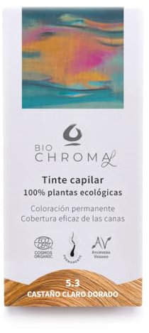 Tinte Vegetal Ecológico | Coloración Permanente para el pelo | 5.3 - Castaño Claro Dorado | Sin Amoníaco, sólo plantas naturales.