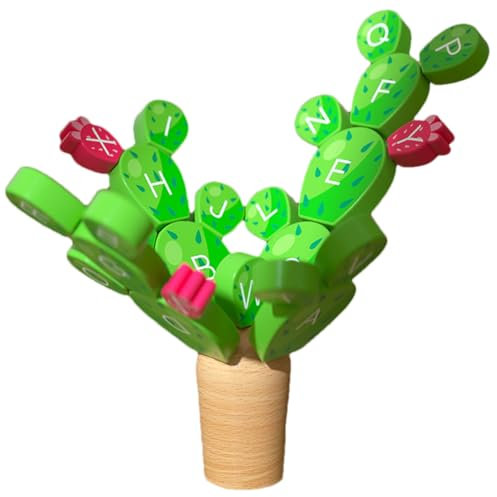 Jubilofex Balance Cactus Toy, Kaktus-Stapelspielzeug, Holz-Alphabet-Stapelspiel, lustige pädagogische Aktivitäten, Zweige für Kinder, Mädchen