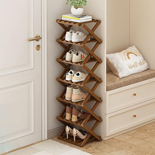 kiss me Bamboo Folding Shoe Rack,Vertical Narrow Shoe Rack,Small Shoe Racks,Without Installation,Shoe Racks Storage,Wooden Narrow Tall rack Indoor for Hallway, Entryway (Brown 7 Tier)