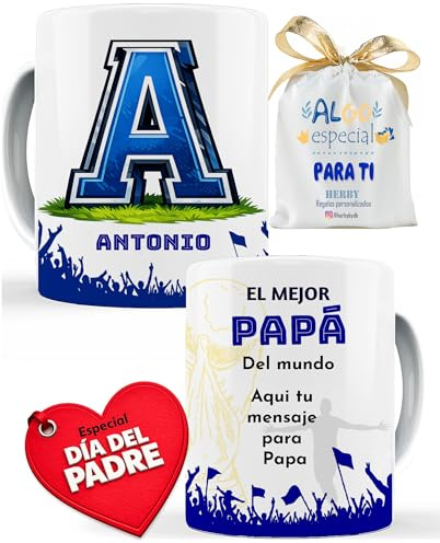 HERBY Taza Personalizada con Nombre para Papá, Diseño de Fútbol con Letra Inicial, Regalo para Día del Padre, texto personalizado, escribele una dedicatoría Incluye Bolsa de Regalo (HOMBRE)