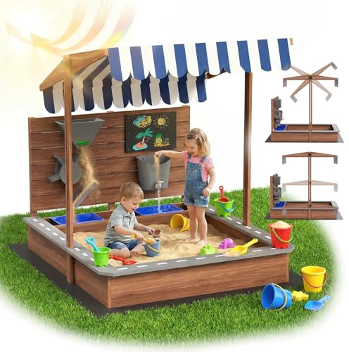 MAMIZO Sandkasten mit Abdeckung, Holz Sandbox Outdoor für Kinder 3-10 Jahre, Sandkasten mit Dach,Tafel&Wasserhahn, Sandkiste mit 2 Becken für Garten, Strand&Balkon, Schwarzer Vliesboden,100x111x105 cm