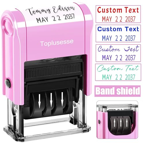 Toplusesse Self Inking Date Stamp Personalized Date Stamp Signature Buiness Office Stamp with Date Phrase Stamp 1 Line Custom Text Office Supplies Multi Fonts and Colors Pink Custom Date Stamp