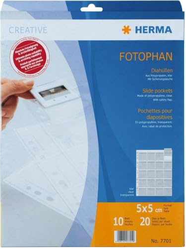 HERMA 7701 Slide Sleeves for Framed Slides, Pack of 10, 5 x 5 cm, 20 Compartments, Clear, Visible on Both Sides, Fotophan Photo Covers, Collecting Sleeves with Euro Holes for Slide Archiving,