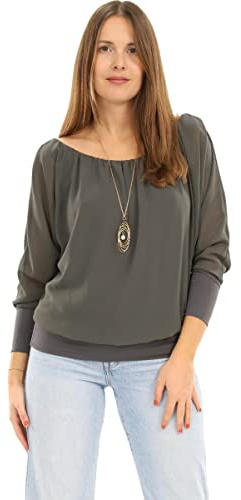 Malito – Unisize Damen Bluse schulterfrei mit Kette – Langärmlige Frauen Tunika mit elastischen Ärmelbündchen – Elegantes Oversize Blusenshirt Langarm mit breitem Bund – Shirt 1133 (Größe 34-42)
