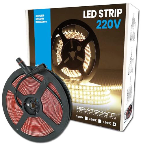 LED ATOMANT Rollo de 5 metros de Tira de Luz LED Directa a 220v, 12W/m, Color Blanco Frio (6500K), Impermeable (IP65), Corte cada 10cm