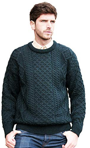 Aran Crafts Irish Soft Cable Knitted Wool Crew Neck Unisex Sweater (C1347-XXL-BLA)