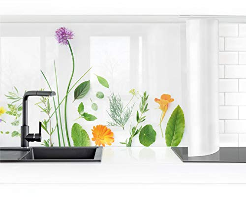 Bilderwelten Küchenrückwand Folie Glänzend 90x100 cm Kräuter und Blüten I Spritzschutz Fliesenspiegel Küche-Rückwand Motiv Klebefolie