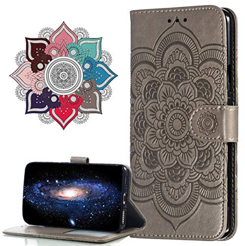 MRSTER Cuir Premium Coque pour iPhone XR, [Stand Support] [Porte-Cartes de Crédit] [Fermeture Magnétique] Portefeuille Étui Housse pour Apple iPhone XR 2018. LD Mandala Grey
