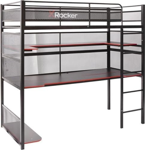 X-Rocker Battlebunk Bunk Bed with Desk, High Sleeper with Desk, Single Loft Bed with Open Shelves, Ladder with Metal Frame Gaming Bed for Kids Teenagers with Gaming Computer Desk, Single 3ft - BLACK