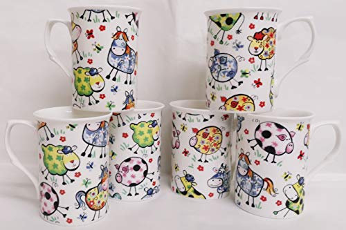 Crazy Farm Animals Fine Bone China Mugs Set of 6 Funny Multicolour Animals Cups Hand Decorated in UK