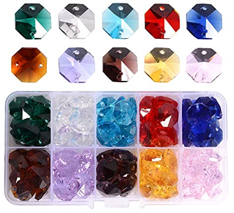 Bkrdty Kristall Octagon Perlen Stränge 100 stück 14mm Eiszapfen Prisma Kristall Anhänger Mehrfarbig Klare Kristallglas Kronleuchter im PVC Box für Baum Girlanden Hochzeit Weihnachtsdekoration