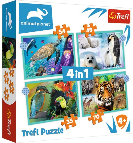 Trefl, Puzzle, Die geheimnisvolle Welt der Tiere, von 35 bis 70 Teilen, 4 Sets, für Kinder ab 4 Jahren