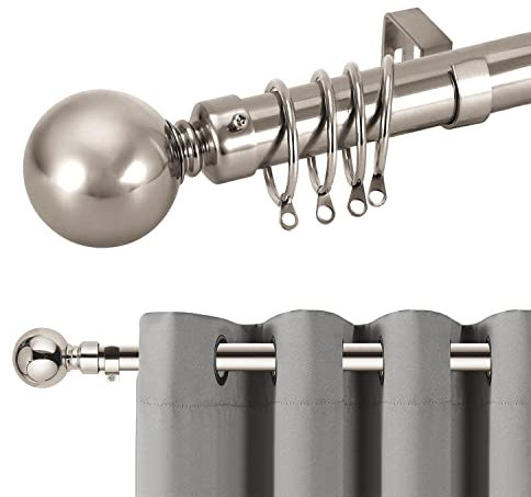 Hafaa Curtain Poles Plain Metal Ball Adjustable Decorative Window Curtain Pole Includes 70 to 120 cm Extendable Curtain Rod, 60mm Size Classic Finials, Rings, Brackets & Fittings Set, Brushed Silver
