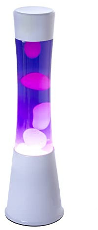 FISURA - Lila und weiße Lavalampe. Weiße Basis, violette Flüssigkeit und weiße Lava. Lavalampe mit Ersatzbirne. Abmessungen: 11 x 11 x 39,5 Zentimeter.