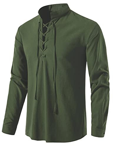AUDATE Herren Baumwollhemden Schnürhemd Mittelalterlich Vintage Kostüm Langarmshirts Armeegrün 3XL
