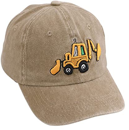 Cute Embroidery Excavator Kids Baseball Cap Adjustable Cotton Washed Vintage Cowboy Hat for Boys Girls Age 2-8 Khaki