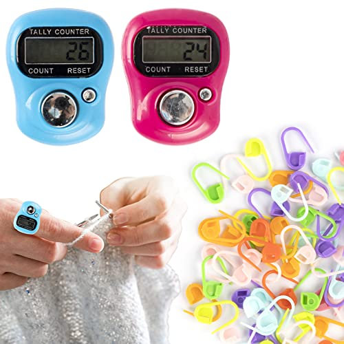 OCCOUMR 2 Stücke Digitale Fingerzähler, Digitale Finger Klicker, Hand Klicker Zähler Nähen Stricken, mit 60 Strickmaschenmarkierer Häkel-Verschlussclip Bunte Strickmarkierer