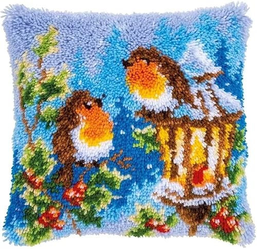 ROCKY&CHAO Knüpfteppich Zum Selber Knüpf-Sets mit Kissen knüpfen-Set 43x43cm Kissenbezug-Set für Erwachsene und Kinder Latch Hook Kit Heimaccessoire(Zwei Eisvögel)