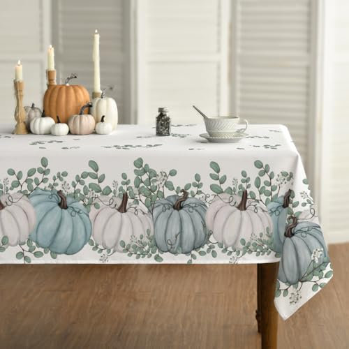Horaldaily Herbst Tischwäsche 100x140 cm Rechteckig, Erntedankfest Herbsternte Blaues Kürbis Eukalyptus Tischdecke für Party Picknick Abendessen Dekor