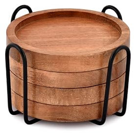 EDHAS Lot de 4 sous-verres ronds en bois d'acacia avec support en fer pour boissons, protection de table pour tout type de table pour bar, cuisine, appartement (10,16 cm x 10,16 cm x 1,27 cm)