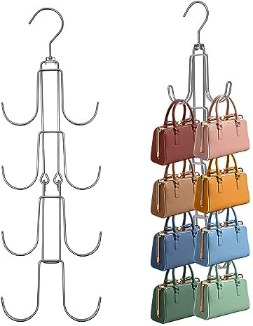 Baoswi 2 Stück Geldbörsenaufhänger Schrank Organizer Aufbewahrung, 4 Ebenen Hängetaschenhalter, Silber Metall Handtasche Aufbewahrung Haken Rucksack Rack Platzsparend Kleiderbügel