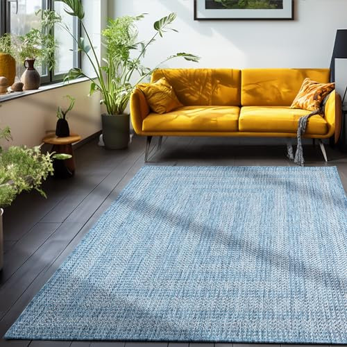 Outdoor Teppich Wetterfest im Skandinavischen Stil Vintage Design Rechteckig Teppich Balkon Terassen Wintergarten Teppich Küchenteppich in Farbe: Blau, Grösse: 280 x 370 cm