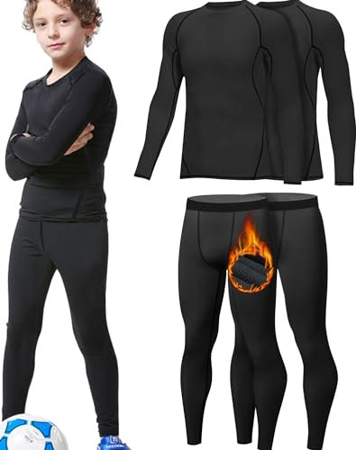 HOPLYNN 2er Pack Thermounterwäsche Set für Kinder Funktionsunterwäsche Skiunterwäsche Jungen Atmungsaktiv Thermo Unterwäsche Warme Fussball Ski Mit Fleecer Schwarz-M