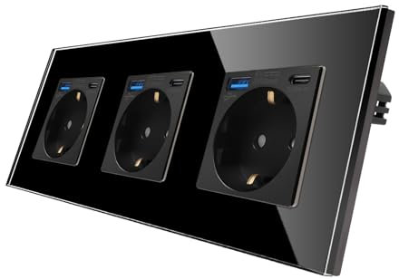 CNBINGO Enchufe triple de cristal con 6 puertos USB, 3 x (tipo C y tipo A, soporte de carga rápida de 20 W), enchufe Schuko empotrado en negro, enchufe de pared con marco de cristal