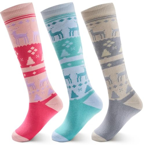 Aisyee 3 Paare Skisocken Mädchen Dicke Socken Kinder Wintersocken Warme Kindersocken Lange Thermosocken für Kinder Skistrümpfe Mädchen Fußlänge 16-18 CM 27-30/5-7 Jahre