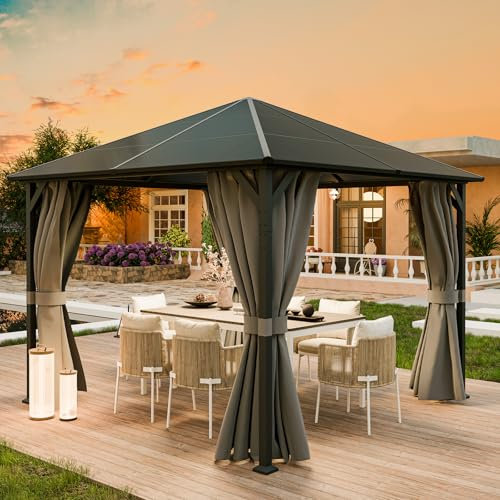 UDPATIO Tonnelle de Jardin 3x3m Imperméable - Toit UV Résistant avec Rideaux, Tonnelle Stabilisée pour Jardin, Terrasse (Gris)