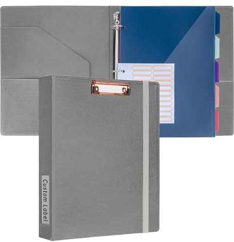 HAUTOCO PU-Ringbuch mit 3 Ringen, 2,5 cm mit Klemmbrett für Briefgröße, flexible Aufbewahrung, 5 Trennwände mit 10 Taschen, professioneller Leder-Organizer für Büro, Schule, Grau