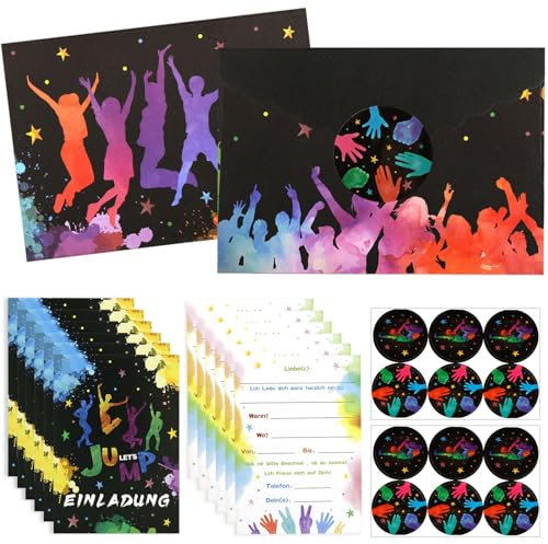 SHOWHEEL 12x Trampolin Einladungskarten Kindergeburtstag, Deutsche Jump Party Einladung mit 12 Umschläge, Einladungskarten zum Kindergeburtstag Jump, Mädchen Junge Einladungen Geburtstag