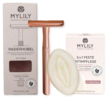 MYLILY Bundle 2in1 Waschstück und Rasierhobel inklusive 5 Rasierklingen I deine perfekte Rasur I Safety razor I Rasierhobel Damen Intimbereich I Rasierer plastikfrei I zero waste shaving I Rosegold