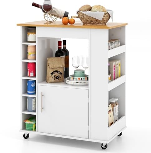 GOPLUS Desserte de Cuisine Mobile, Plateau en Bambou, 44x76x89CM, Chariot de Cuisine 6 Compartiment Ouvert à Vin, 2 Roue Verrouillable, 3 Étagères et Porte-Serviettes Latéral, Armoire, Salle à Manger