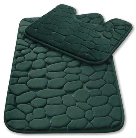 LIZZIE JACOBS 2 Pieces Pebble Bath Mat Non Slip Pedestal Set Extra Absorbent 100% Memory Foam Bathroom Mat Extra Soft Comfortable Easy To Clean Bathroom Rugs (Dark Green)