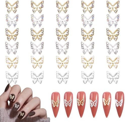 3D Butterfly Nail Charms,30PCS Pearl Rhinestone Butterfly Metal Nail Gems,Gold Silver Nail Art Charms Luxury Butterfly Nail Art Decorations for Nail Design DIY Crafts (Gold Silver 30PCS)
