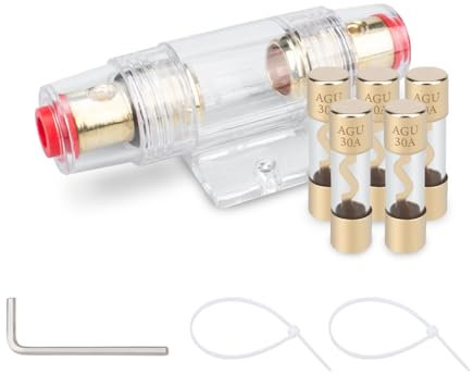 Innfeeltech 5 Pcs Gold Plated Glass 30A AGU Fuse for Automotive Audio Power Safety with 1 Pcs Gold Plated Inline AGU Fuse Holder