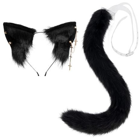 Bandeau à Oreilles de Chat, Serre-tête d'oreille de Chat, Oreilles de Chat noir en Fausse Fourrure, Cosplay Animaux Déguisement Costumes pour Halloween, Carnaval, Fête de Noël (Set)
