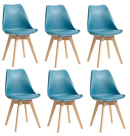 DEYARNA HOME Lot de 6 Chaises de Salle à Manger Modernes,Chaises Rembourrées Confortables pour la Salle à Manger, Chaises de Cuisine Scandinaves avec Pieds en Bois de Hêtre (Turquoise)