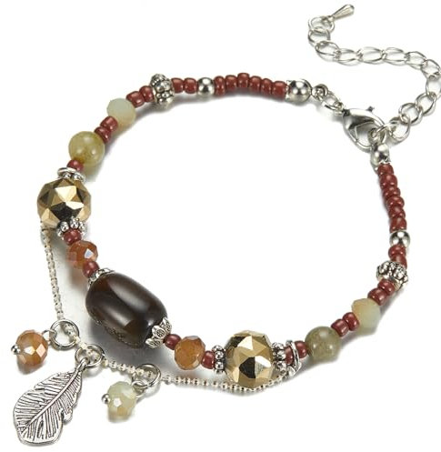 FULU AUTUMN Boho Perlenarmband Damen Kristall Perlen Armband mit Anhänger Boho Modeschmuck Geburtstagsgeschenk für Frauen(73-Brown)