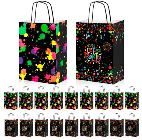 FINEASY 20 Stück Leuchtende Geschenktüten, Glow Neon Party Papiertüten, Mitgebsel Tüten Kindergeburtstag, Papiertüten mit Henkel, Geschenktüte für Neon Fasching, Familie und Geburtstagsdeko