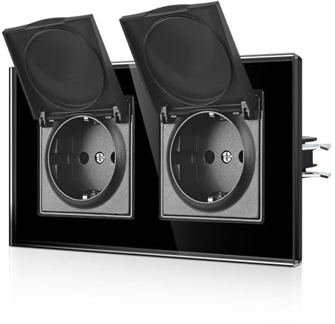 CNBINGO Wasserdicht Doppelsteckdose mit Deckel - Schuko Steckdose mit Krallen - Zweifach Wandsteckdose mit Glasscheibe - EU-Standard Steckdose Unterputz mit Klappdeckel - 2 Fach Schwarz