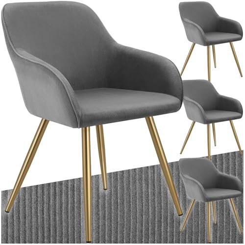 tectake® 4X Esszimmerstuhl, Sessel bequem mit Armlehne, Polsterstuhl, Cord Cocktailsessel, Loungesessel für Wohnzimmer, Esszimmer, Moderne Küchenstühle, Bürostuhl - grau/Gold
