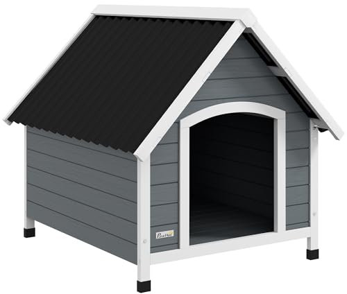 PawHut Cuccia per Cani in Legno da Esterno, Casetta per Cani Grandi con Pavimento Rimovibile e Tetto Inclinato, 84x99x87cm, Grigio