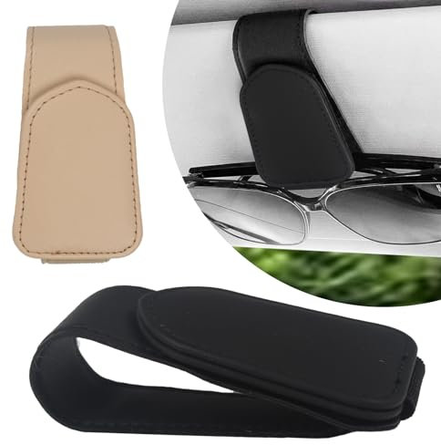 KAHOUI 2 Pcs Sunglasses Holders for Car Accessories Interior, Sun Visor for Car, Magnetic Leather Car Sunglasses Holder for Car Apricot and Black, Car Glasses Holder Gadgets for Sunglasses, Invoice