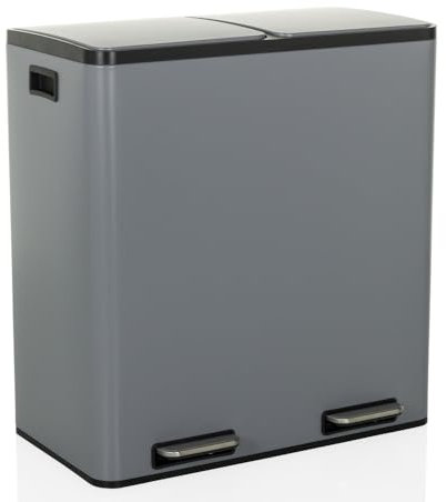 hjh OFFICE Poubelle 2 x 30L Clean XIII Acier, Système de tri des déchets, Poubelle avec Softclose, Poubelle à pédale avec 2 Compartiments, Gris