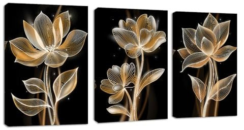 3Pcs Leinwandbilder Bilder mit Rahmen Schwarz Gold Hell Zeilen Pfingstrose Blumen bild auf leinwand Wandkunst Wandbilder Kunstdruck Deko für Wohnzimmer Schlafzimmer fertig zum Aufhängen 40x60cmx3