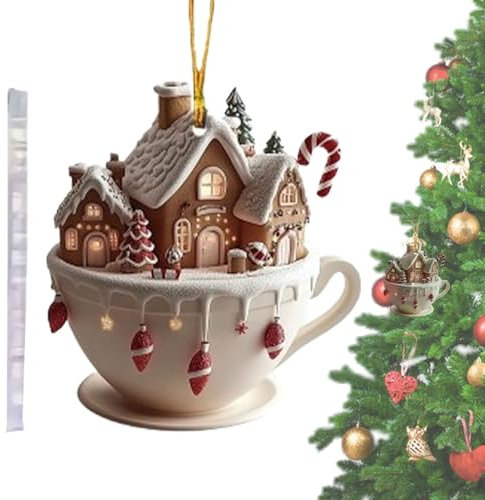 Decorazioni per tazze da caffè per albero di Natale, decorazioni per tazze di cioccolata calda con casette di neve, stile acrilico 2D, deliziosi ciondoli a tema cioccolata calda che aggiungono un