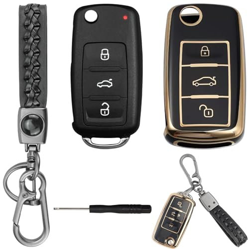 Schlüsselgehäuse 3 Tasten mit Autoschlüssel Hülle Kompatibel für VW Golf Polo Tiguan Touran Caddy Sharan Beetle Skoda Octavia Autoschlüssel Gehäuse VW Klappschlüssel Ersatzteile Fernbedienung