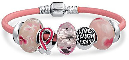 Bling Jewelry Lebe Liebe Lache Unterstütze Brustkrebsüberlebende Herz Pinkes Band Multi Europäischer Perlenanhänger Echtes Lederarmband Für Frauen 925 Sterling Silber Fassverschluss 7,5 Zoll